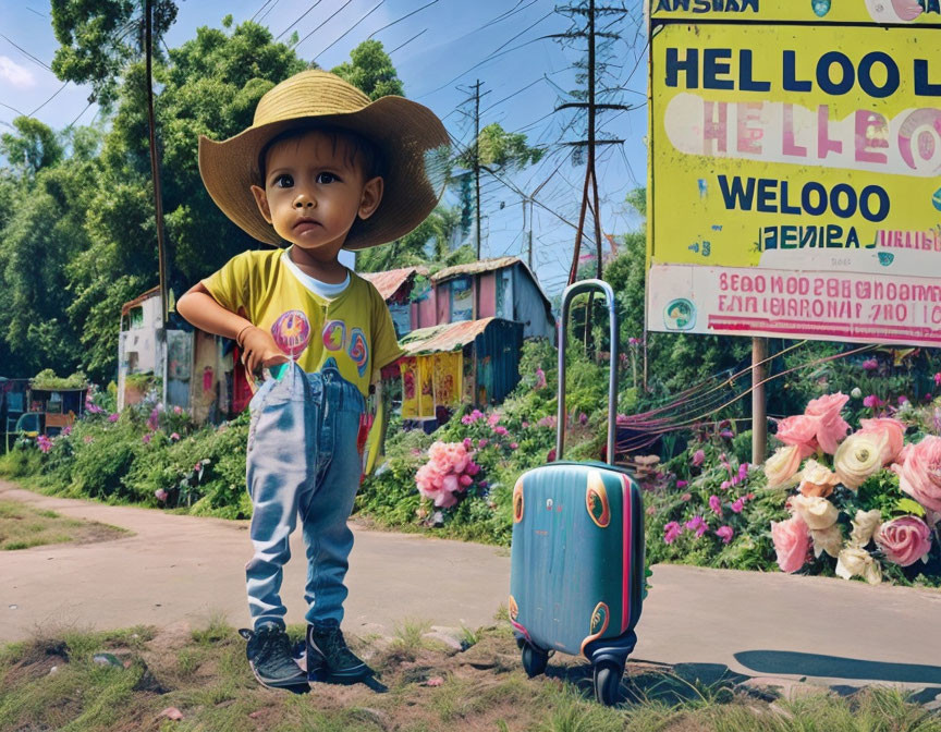 Child in straw hat with blue suitcase on sunny street