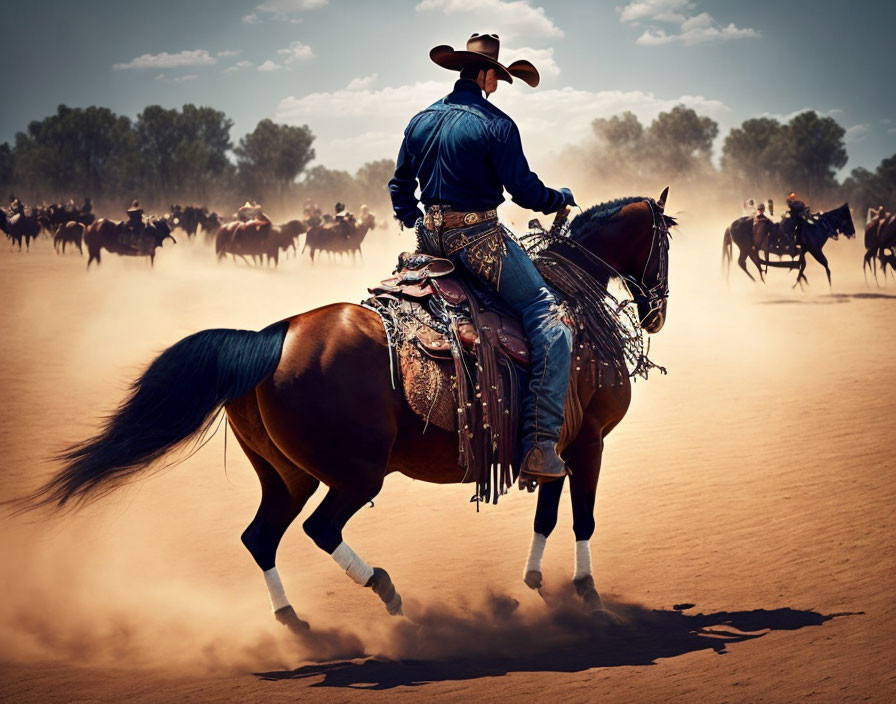 Cowboy riding horse leads herd in wild west scene