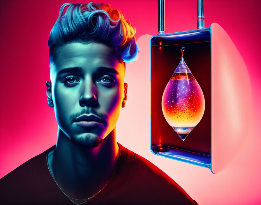 Stylized portrait of man with blue hair on red and blue background with perfume bottle.