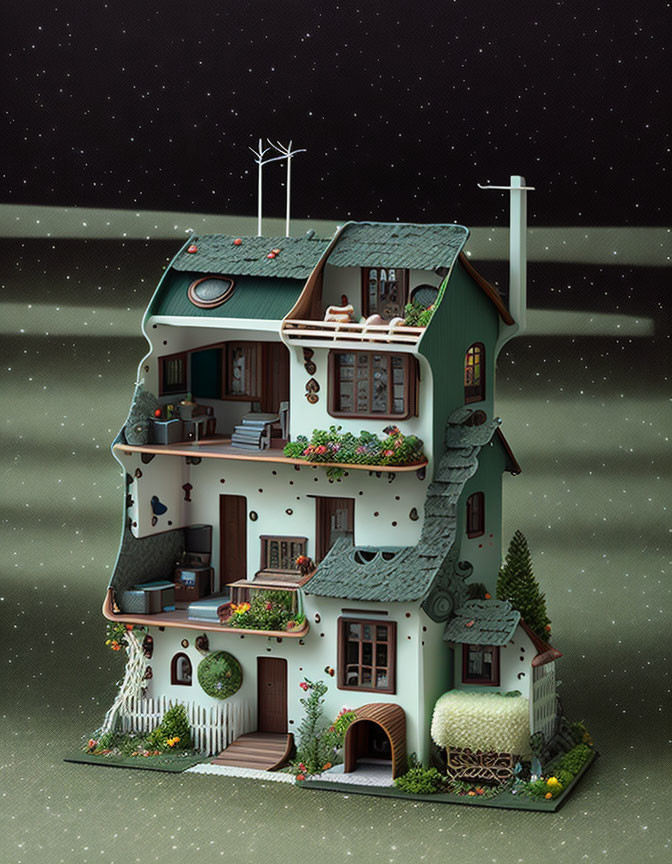 Whimsical multi-story house with balconies and cozy lights under starry night sky