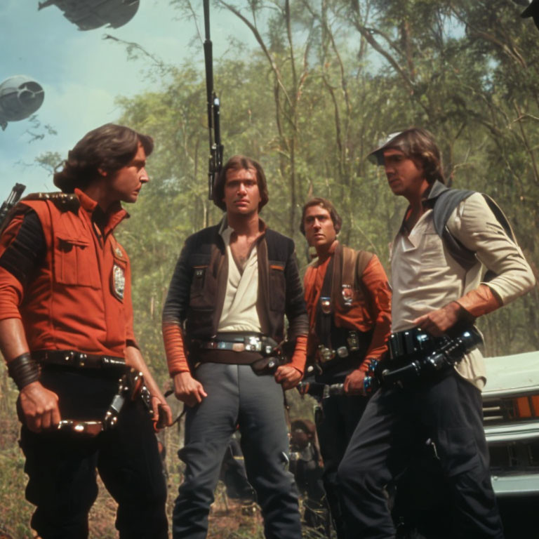 Four men in vests and holsters in forest with floating orbs