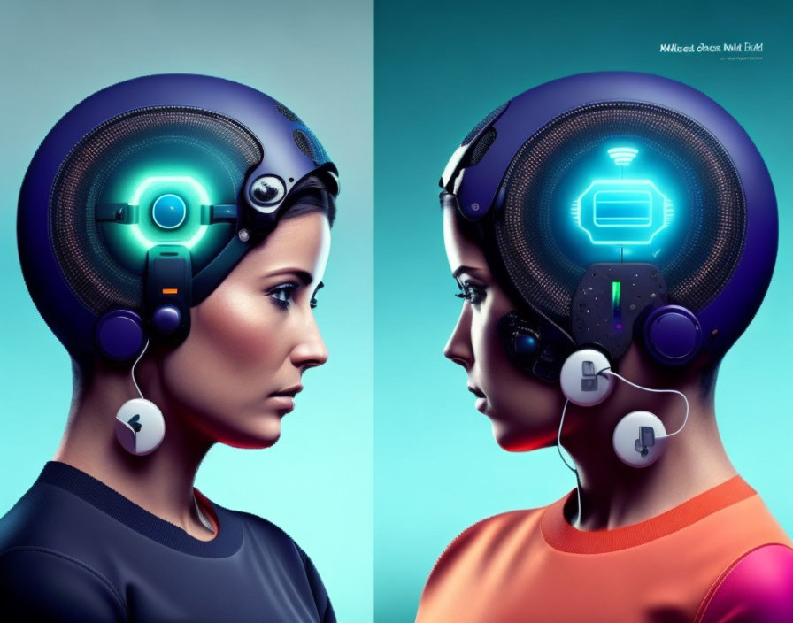 Dual profile portraits of a woman with futuristic cyborg features on teal backdrop