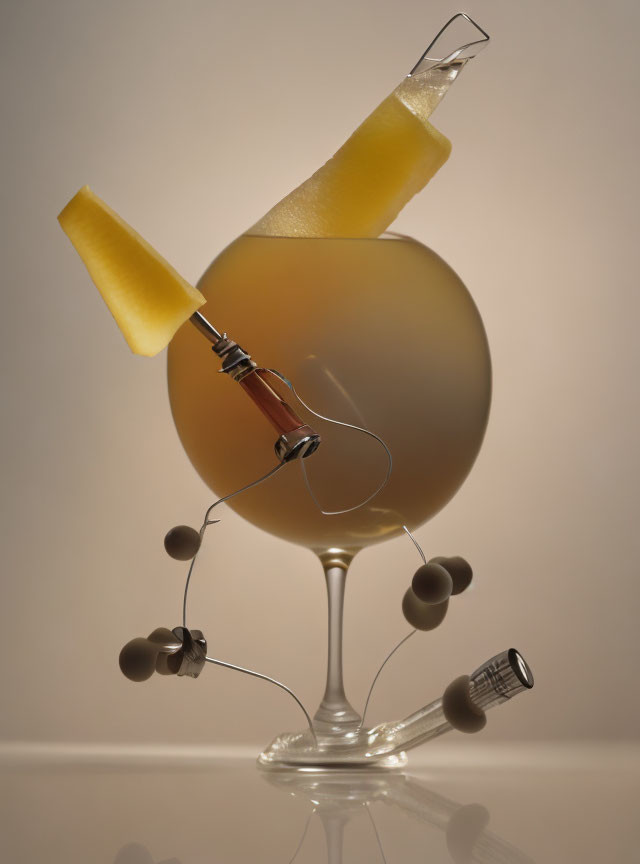 Cocktail glass with cheese, olives, bottle, and corkscrew decoration