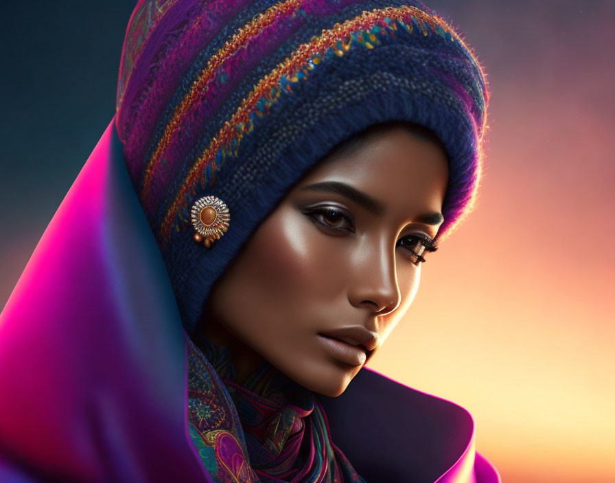 Colorful headscarf and jeweled brooch on woman with striking makeup