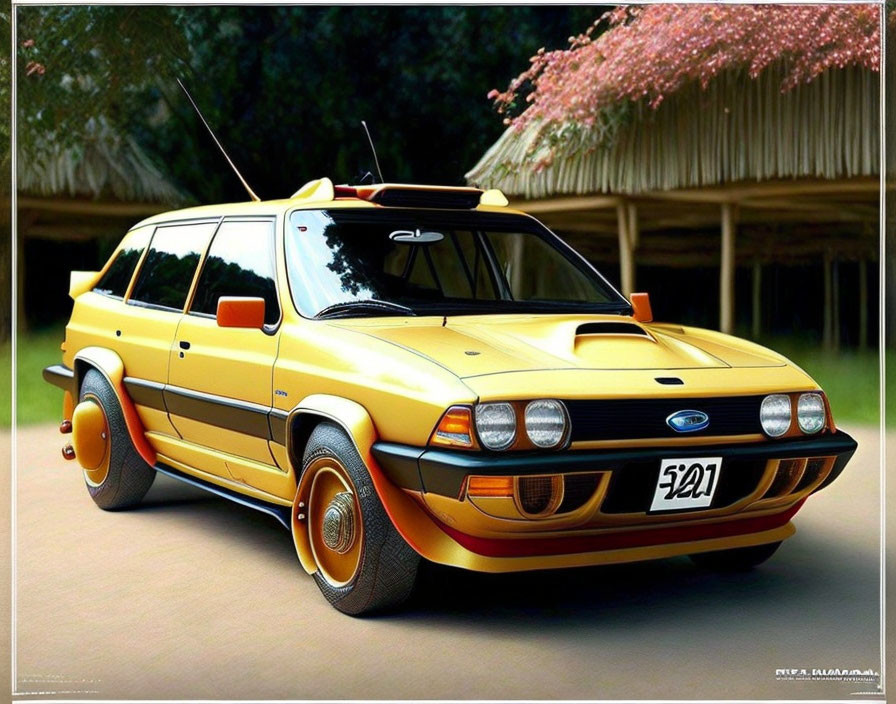 Vintage Yellow Ford Car with Black Trim Parked Near Cherry Blossom Tree