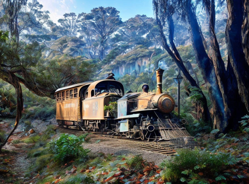 Vintage steam train and passenger carriages in lush forest on misty morning