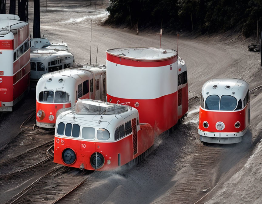 Vintage Red and White Streamlined Streetcars in Dusty Rail Yard