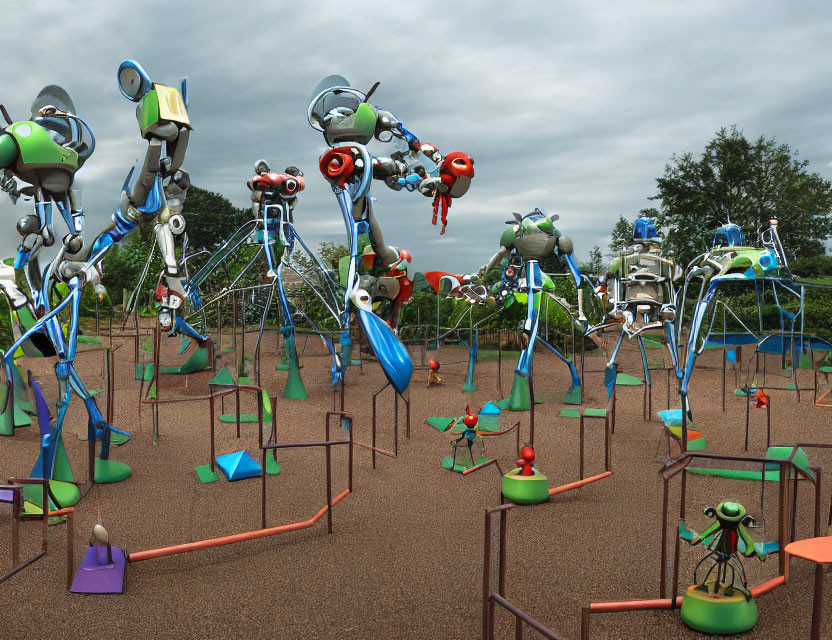 Vibrant playground with robot sculptures and climbing structures under cloudy sky