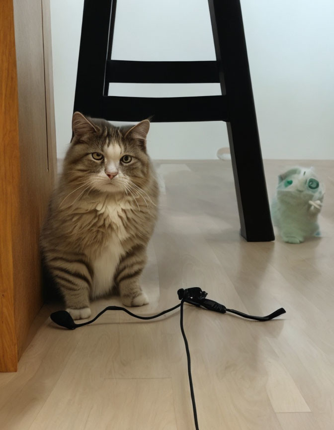 Grey and White Fluffy Cat on Wooden Floor with Green Figurine