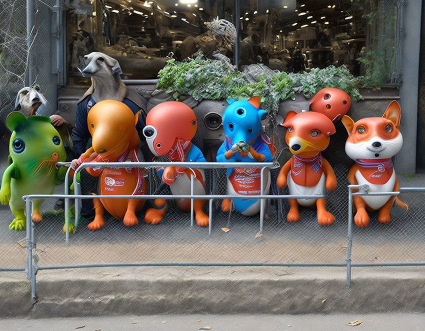 Vibrant animal-shaped advertising figures in orange bibs on city sidewalk