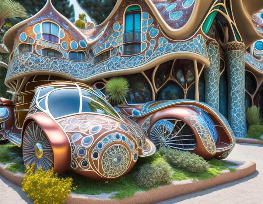 Intricate Patterned Futuristic Car Parked by Whimsical Building