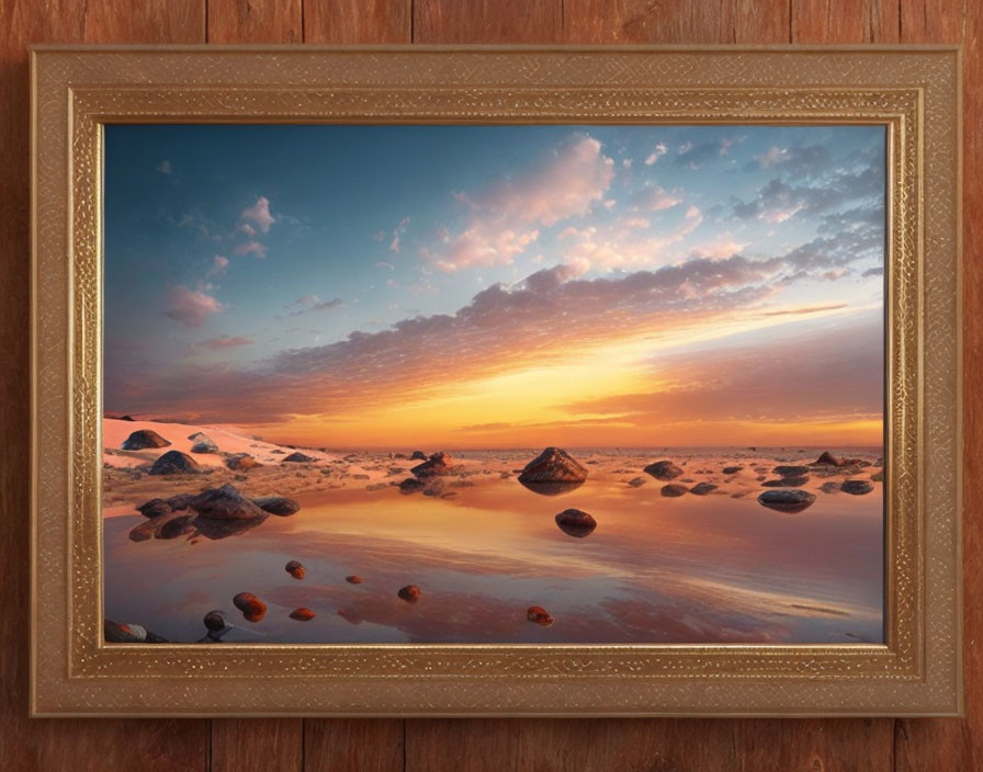 Framed sunset beach landscape with rocks on shoreline