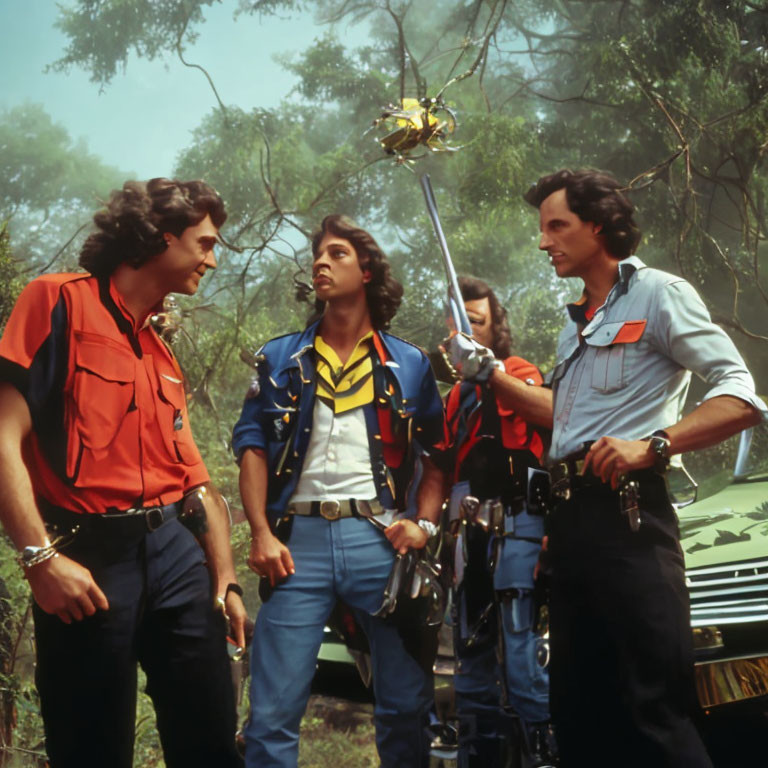 Men in colorful retro outfits with propeller device outdoors