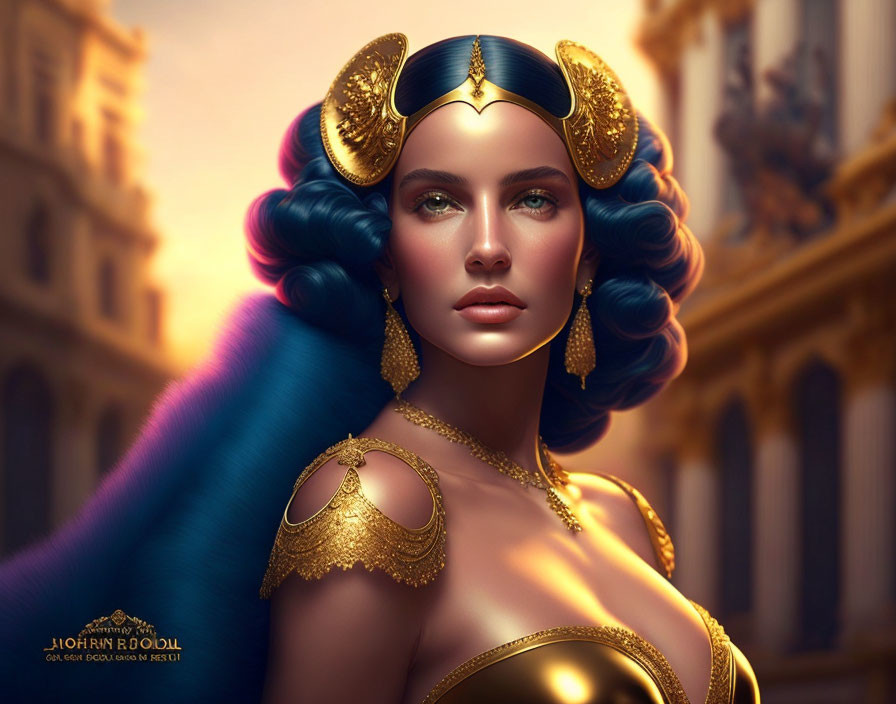 Digital art portrait of woman with gold adornments, blue and purple hair, tiara, against blurred