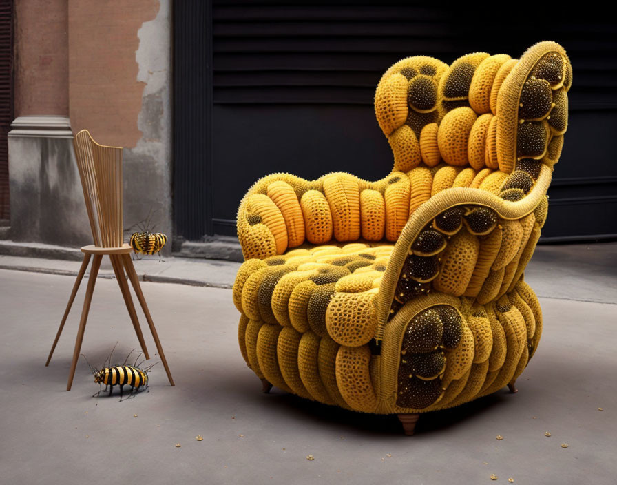 Honeycomb Design Armchair, Stool, Cushion & Bee Models Displayed in Urban Setting