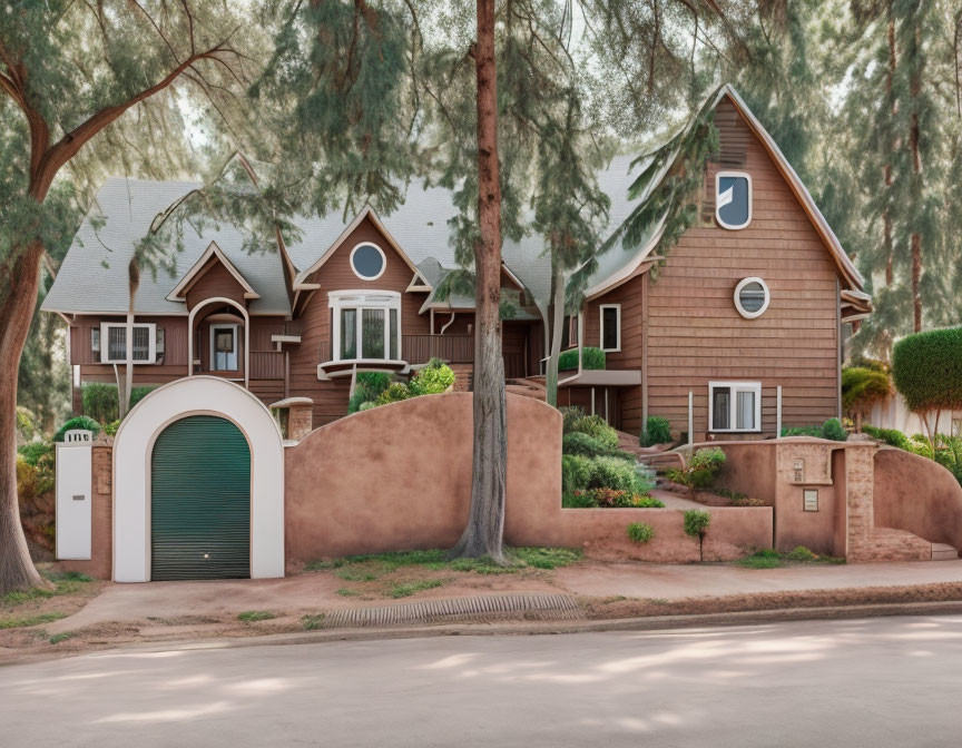 Brown two-story house with gables, pine trees, green garage door, landscaped garden