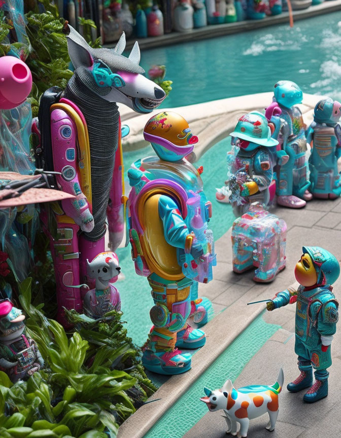 Vibrant robotic sculptures poolside: dog with glasses, humanoid figures, childlike robot.