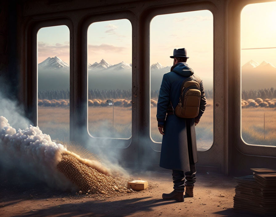 Person in hat and coat on train gazes at misty mountain landscape with sand pouring in through gap