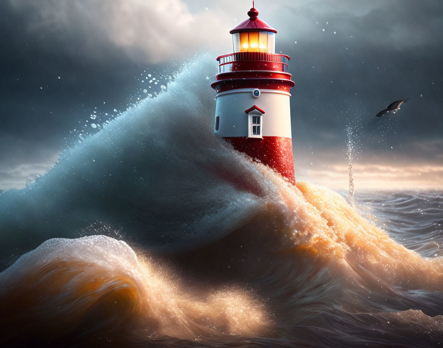 Red and White Lighthouse in Stormy Seas with Bird Flying By