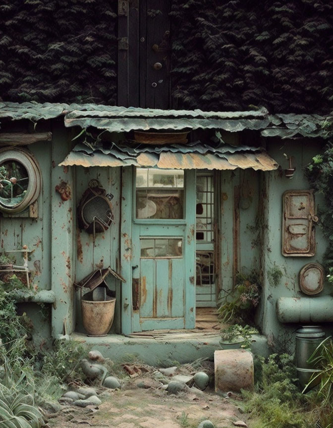 Weathered Green Cottage with Corrugated Iron Roof & Circular Windows