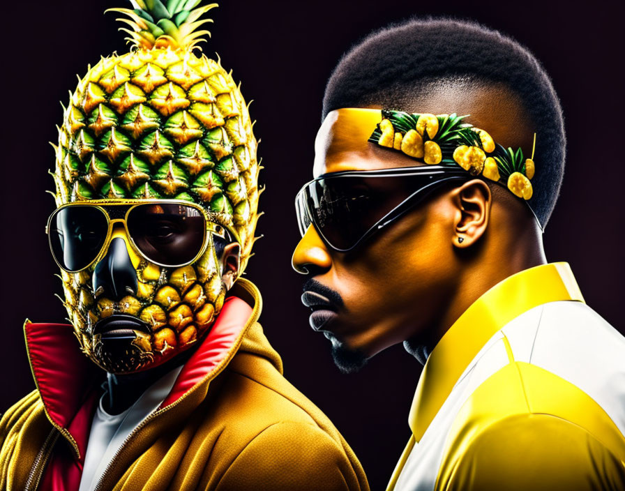 Stylized men with pineapple and slick pineapple hairstyle in fashionable jackets