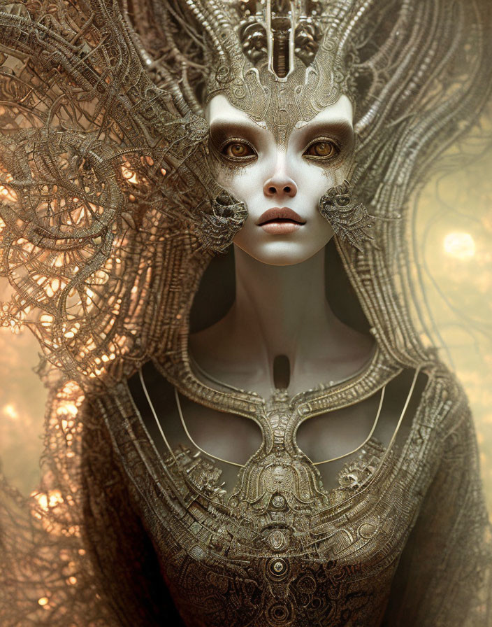 Intricate metallic headgear on ethereal figure in ornate garb