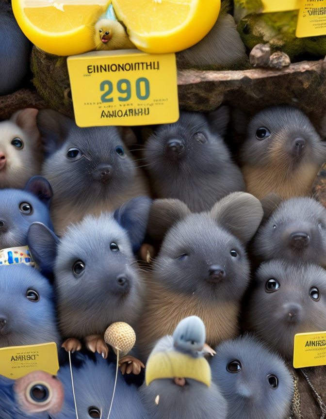 Assorted animated mice with human-like eyes on produce scale with Greek price tags