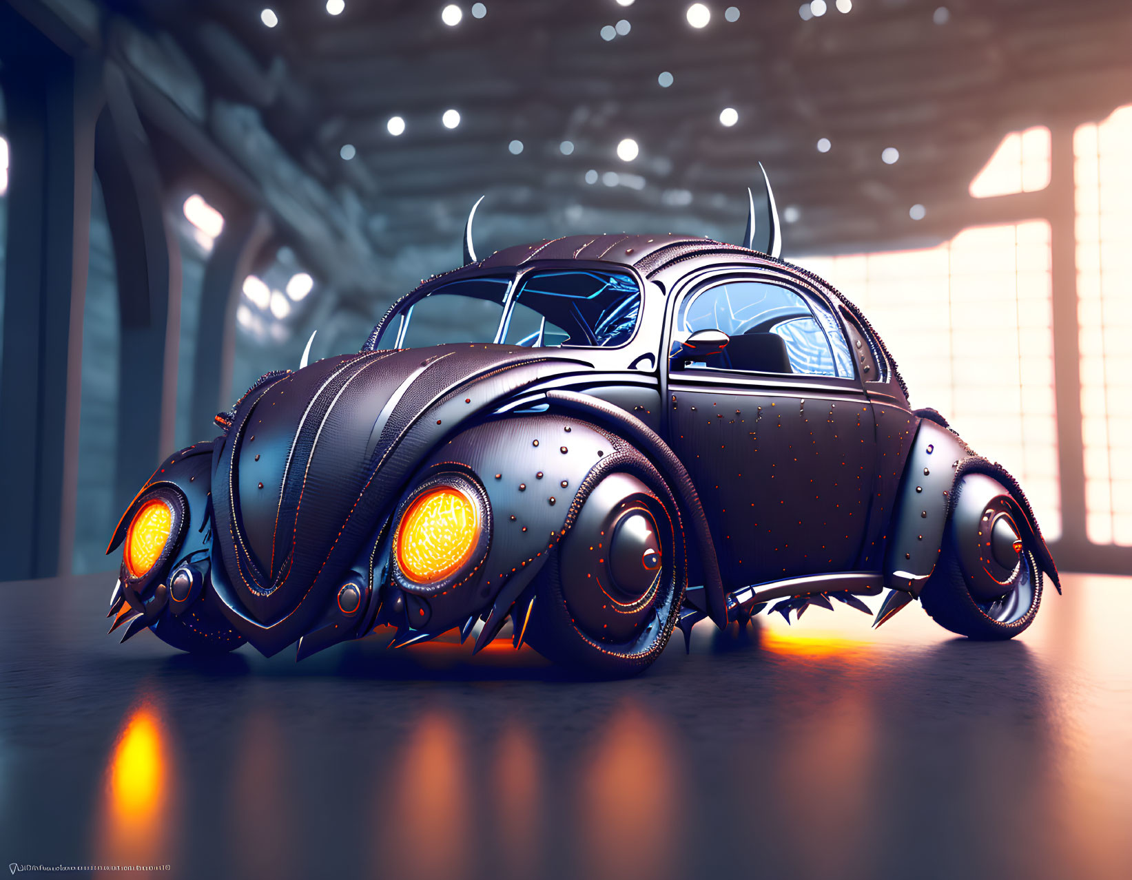 Futuristic mechanical insect Volkswagen Beetle in industrial garage