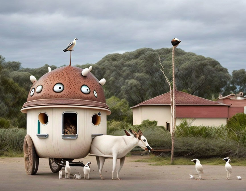 White dog pulling brown monster caravan with birds in whimsical scene