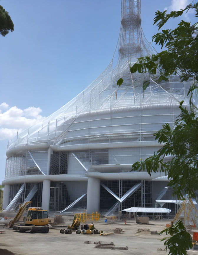 Modern building construction with white exterior, tall pillars, scaffolding, and crane on clear day