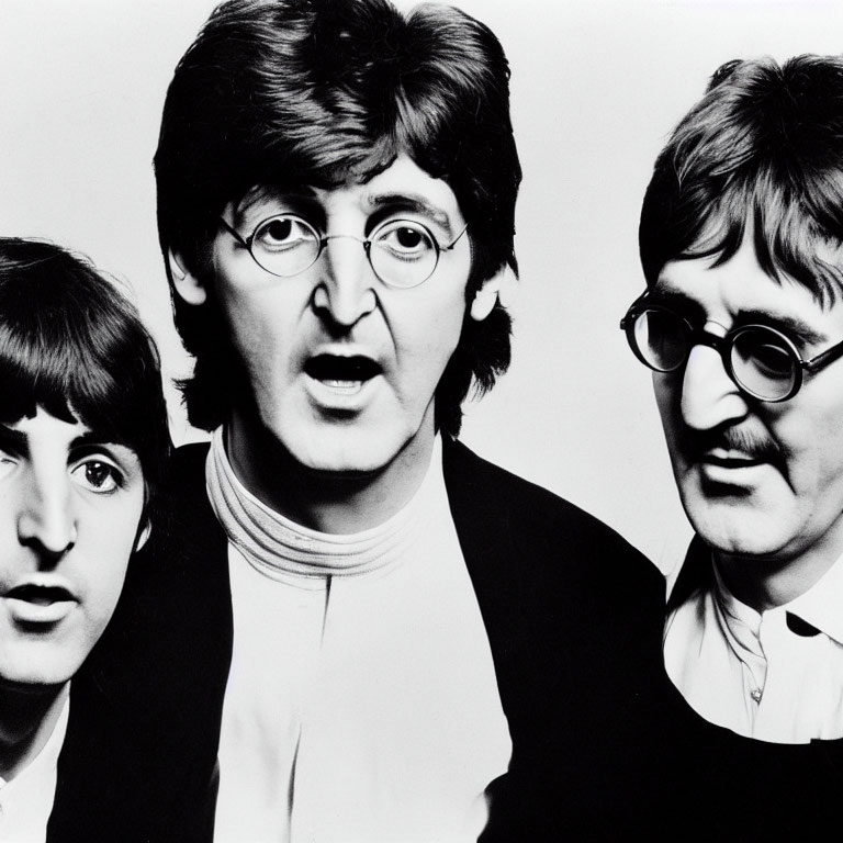 Three Men with Similar Hairstyles and Glasses in Black and White Photo