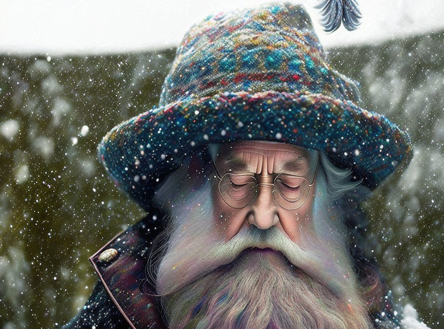 Elderly man with closed eyes in colorful knit hat in snowfall