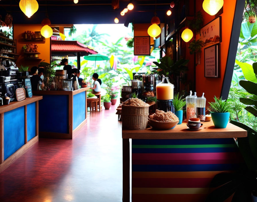 Vibrant café interior with lanterns, beverage counter, and green view.