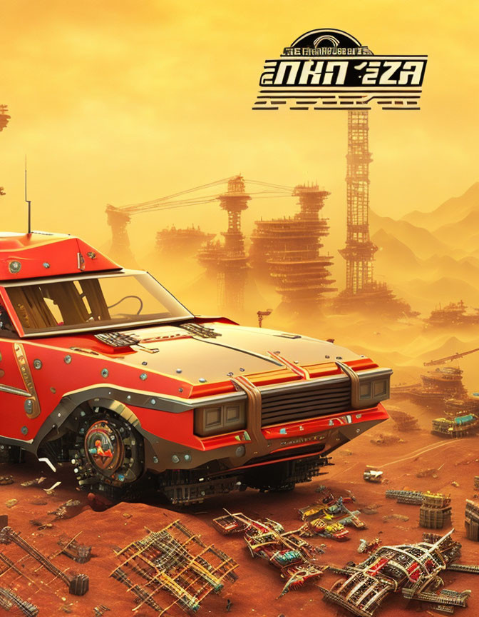 Red futuristic vehicle with unique patterns in industrial landscape.