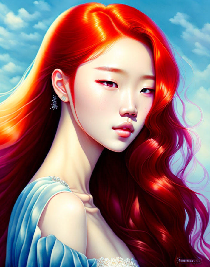 Digital artwork: Woman with glowing red hair in blue dress against cloudy backdrop