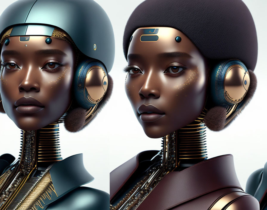 Futuristic digital artwork: stylized women in gold-accented attire