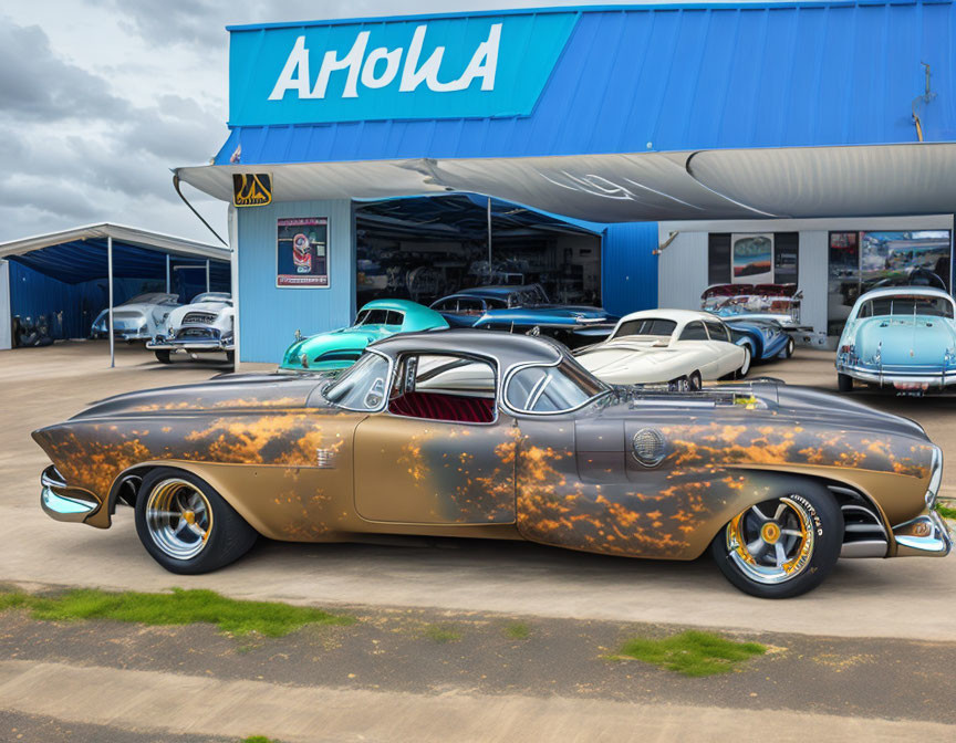 Vintage car with rust-like paint finish and "AhoLa" sign parked in front of garage.