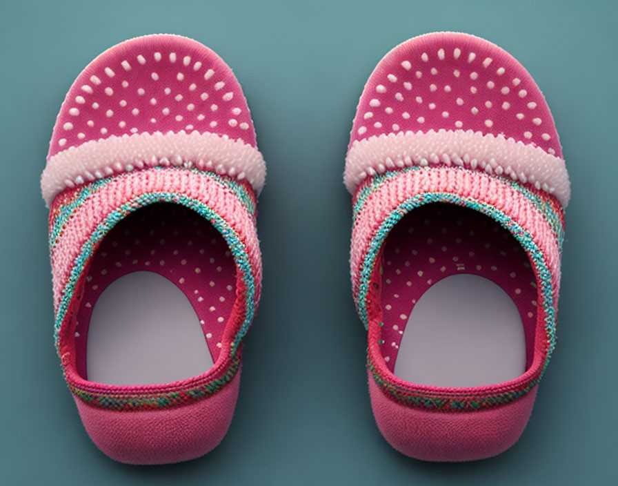 Pink Polka-Dotted Slippers with Magenta and Teal Knitted Detailing on Teal