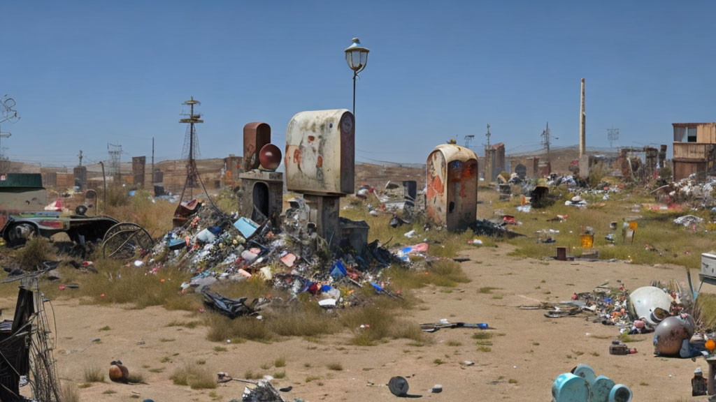 Weathered mailbox stands in litter-strewn field under clear sky