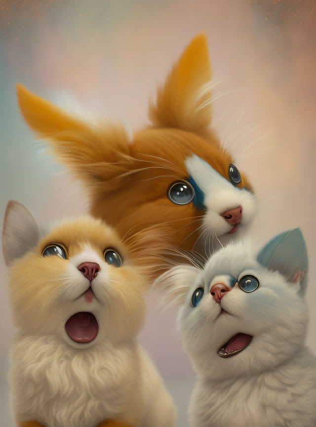 Three cute kittens with big eyes gazing in wonder against a soft backdrop