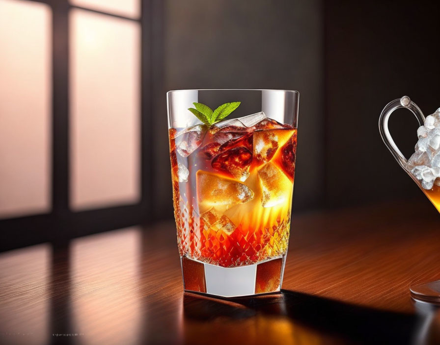 Chilled drink with mint garnish on textured glass and wooden surface