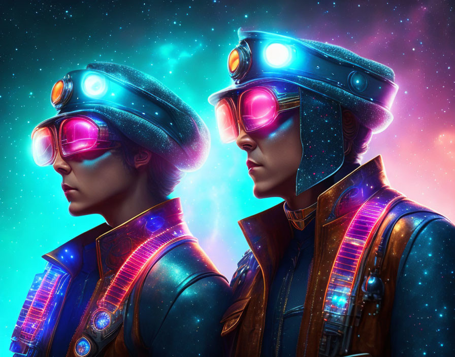 Futuristic soldiers in illuminated armor in starry space