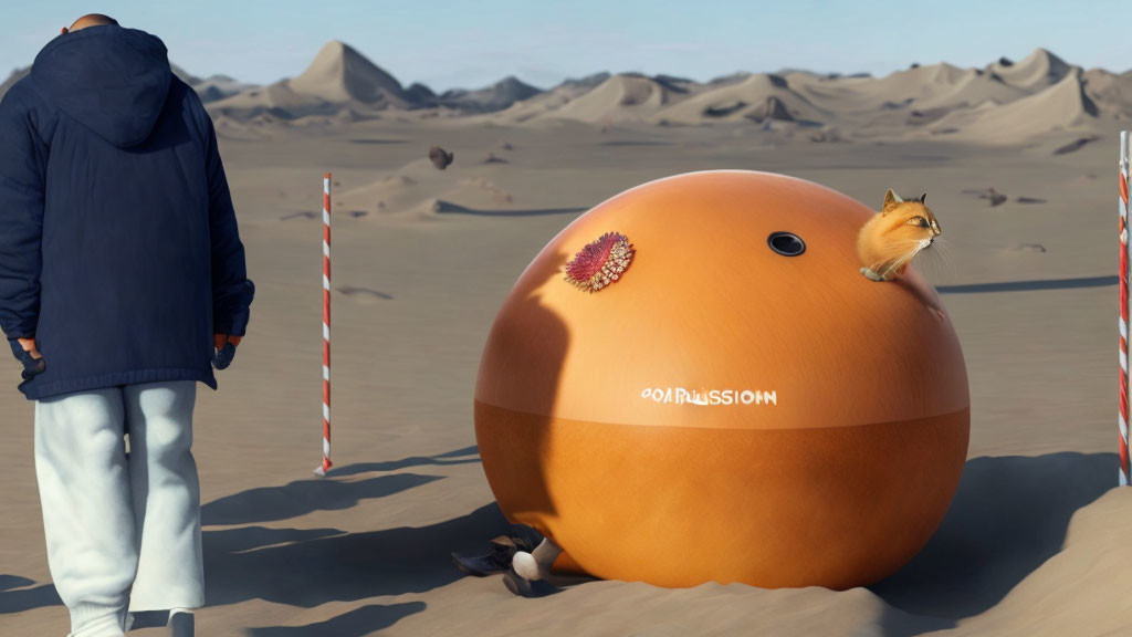 Person faces giant round orange object in desert with seashell and squirrel.