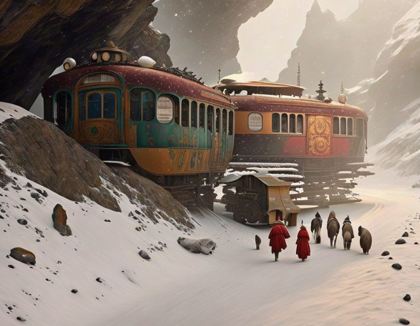 Vintage train on snowy tracks with people in red cloaks under dusky sky