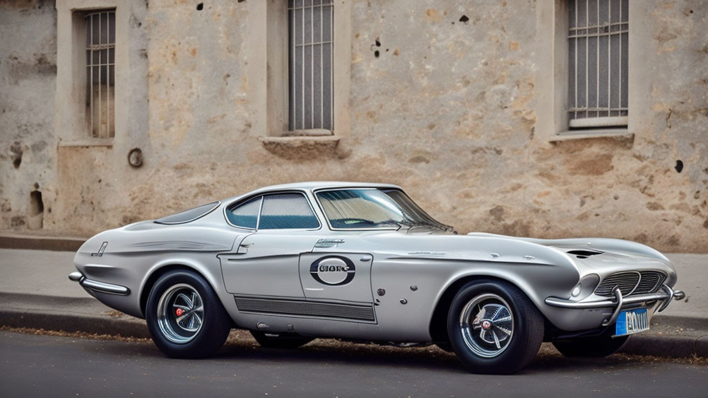 Vintage Silver Sports Car with Racing Stripes Parked in Front of Old Building