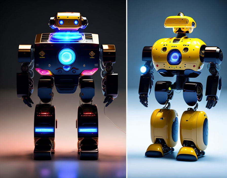 Futuristic blue and yellow robots on gradient background