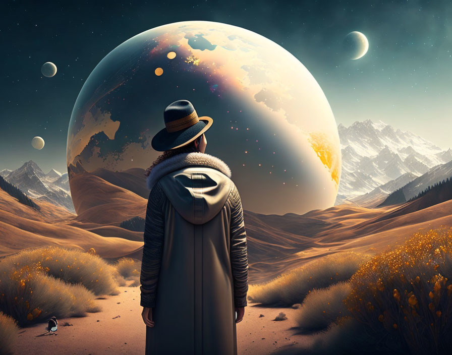 Figure in hat and cloak on surreal desert path under celestial body and moons.