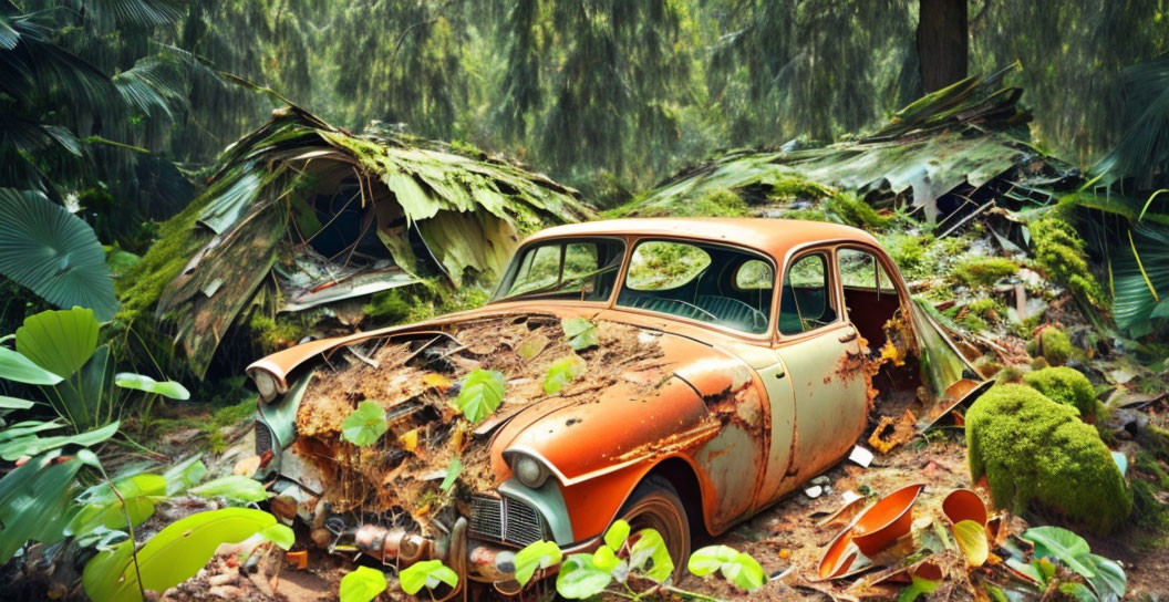 Rusted car reclaimed by dense forest landscape