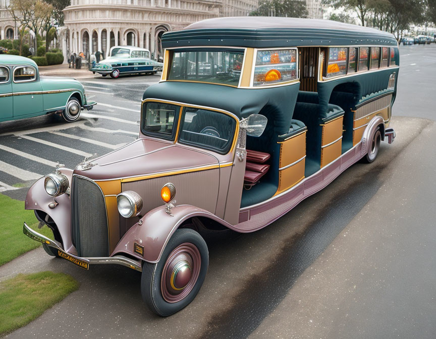 Vintage two-toned bus with open passenger doors in city street scene