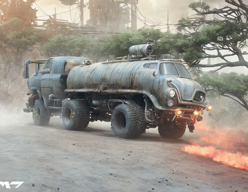 Post-apocalyptic vehicle with oversized wheels in fiery landscape